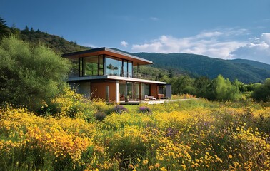 Modern House in Mountain Landscape with Yellow Wildflowers