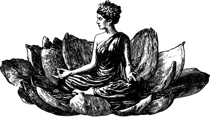 Buddha illustrated in black and white line drawing style, sitting on a lotus flower. Vintage set of vector illustrations with clean outline.