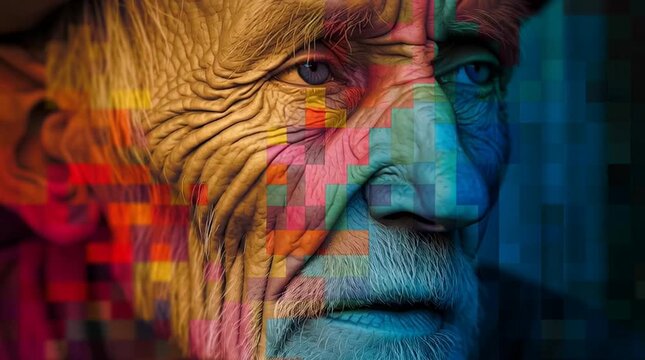Digital art portrait of an elderly man with a vibrant pixel overlay. Restoration and ancestry concept.