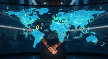 A person in a command center observing a glowing digital world map with network connections, symbolizing global business and data analytics