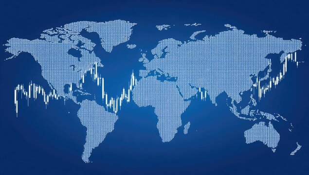 World map overlaid with financial candlestick charts