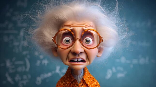 Old lady character with a shocked expression and messy white hair standing near chalkboard formulas in classroom