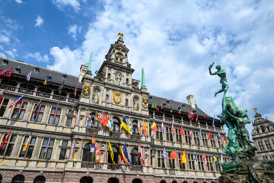 Brabo Fountain sculpture in front of the City Hall in the Grote Markt main square of Antwerp, Belgium