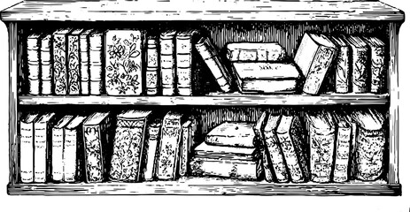 Vintage black and white book shelf vector illustration. Detailed outline engraving of books on a wooden shelf set for classic decor.