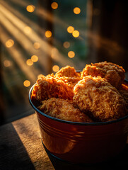 Golden fried chicken pieces in red bucket are illuminated by warm, golden lighting, creating cozy and inviting atmosphere. crispy texture is highlighted by light