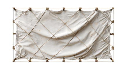 A rectangular, off-white canvas tarp, secured by ropes