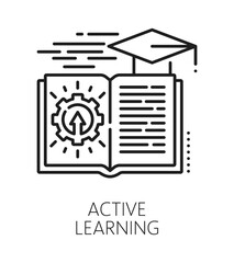 Active learning life skills line icon or sign. People education potential outline vector icon, personality life skills symbol. Human active learning ability sign with opened textbook, graduation cap
