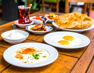 Turkish breakfast spread on a wooden table