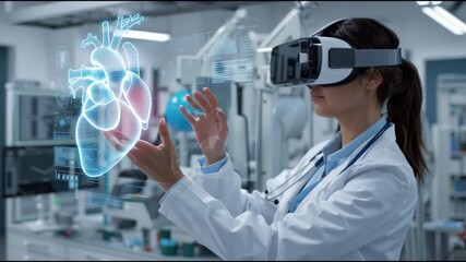 a female doctor in a white coat wearing a vr headset uses a holographic interface to display virtual medical information and a heart-shaped image on a digital screen. - Powered by Adobe