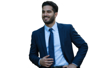 Confident middle eastern man in suit smiling and gesturing with hand looking away transparent background
