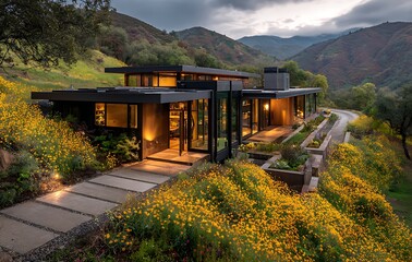 Modern Hillside Home at Dusk with Yellow Flowers