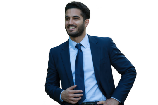 Confident middle eastern man in suit smiling and gesturing with hand looking away transparent background