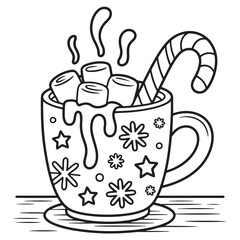 Christmas Hot Cocoa Mug with Marshmallows and Candy Cane – Line Art Coloring Page