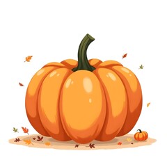 Obraz premium Pumpkin on a white background. A large orange pumpkin with a green stem sits on a white background. The pumpkin is surrounded by fallen leaves, giving the scene a fall-like atmosphere. 