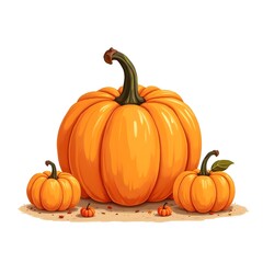 Fototapeta premium Pumpkins are sitting on the ground, with one of them being the largest. The other are smaller in size. The scene is set in a fall setting, with the pumpkins being the main focus. 