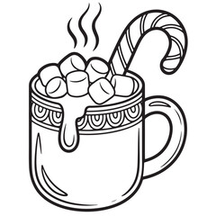Hot Chocolate Mug with Candy Cane Coloring Page Line Art