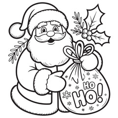 Santa Claus with Gift Bag Coloring Page Line Art