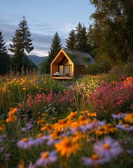 Modern Wooden Cabin nestled in a Vibrant Wildflower Meadow at Sunset