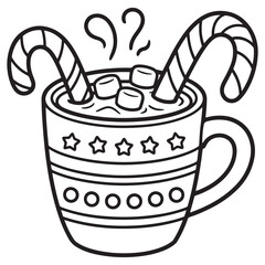 Hot Cocoa Mug with Marshmallows and Candy Canes Line Art Coloring Page