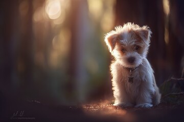 A fluffy, light-brown puppy sits in a sunlit forest