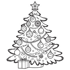 Decorated Christmas Tree with Ornaments Line Art Coloring Page