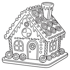 Cute Gingerbread House with Candy Decorations Line Art Coloring Page