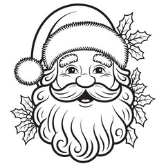 Santa Claus Face with Hat and Holly Christmas Line Art Coloring Page