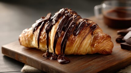 Glossy chocolatedrizzled croissant on white plate