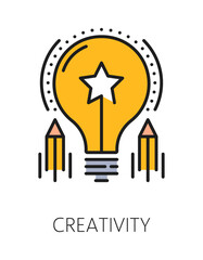 Kids creativity cognitive ability color line icon or label. Mental capability improvement outline vector icon, cognitive ability symbol. Creativity development pictogram with idea lightbulb, pencils