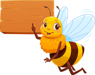 Cartoon honey bee character pointing on wooden sign board with raised finger. Cheerful vector bee insect with big eyes, smiling face transparent wings and fluffy body taking attention for message