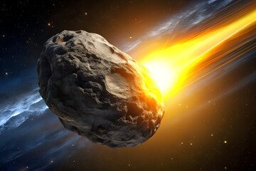 A large asteroid hurtles through space, leaving a fiery trail behind it