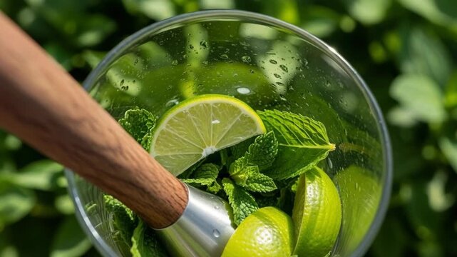 Muddling Fresh Mint and Lime for Cocktail Preparation Closeup