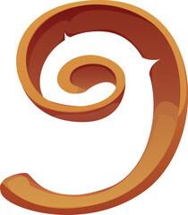 Cartoon pirates font or Caribbean corsairs typeface numbers, vector type. Pirate ship font number 9 Nine in shape of wood shaving for marine seafaring or shipbuilding and sailing adventure typeface