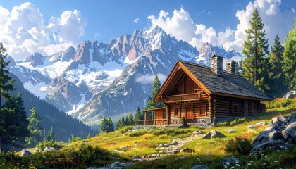 Fototapeta premium A picturesque log cabin nestled in a valley, surrounded by snow-capped mountains, bathed in the warm sunlight.