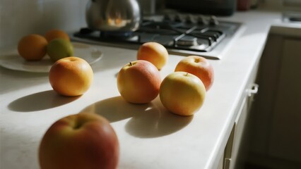 Several fresh fruits are placed on the kitchen countertop, looking tempting under the light.
