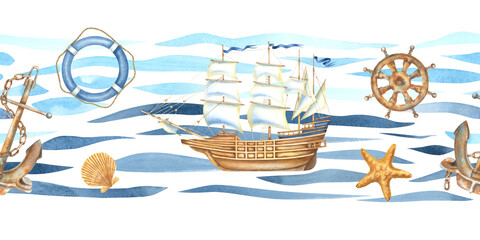 Seamless border with sailboat, anchor, steering wheel, lifebuoy and simple abstract curved lines of ocean waves. Hand drawn watercolor illustration of marine themes attributes on isolated background. © Nadezhda