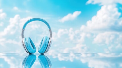 A pair of blue headphones sits on a reflective surface against a serene sky background, ideal for music, technology, or lifestyle themes in promotional materials and blog posts,