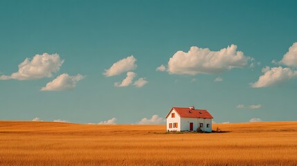 White House with Red Roof in Golden Wheat Field under Blue Sky