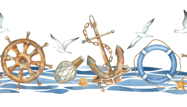 Seamless horizontal border with life preserver, rusty anchor, helm, stasrfish and seagulls. Hand drawn watercolor illustration with marine theme attributes on abstract blue waves. Nautical design.