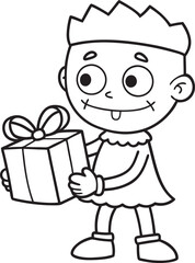 Whimsical Cartoon Character Bearing a Gift Box, Smiling Adorably with a Crown and Festive Attire