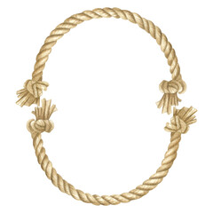 Rope frame border. Hand drawn watercolor illustration of vintage oval shaped wreath on isolated background in beige color for design frames, templates, cards decor, greeting invitations.