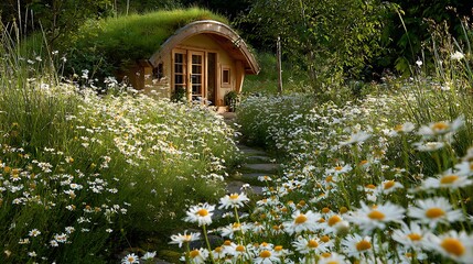Wooden Hut Nestled Among Abundant White Daisies