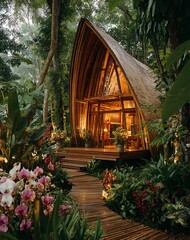 Luminous Wooden Cabin nestled in Lush Tropical Forest
