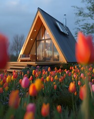 Modern A Frame House Amidst Spring Tulips