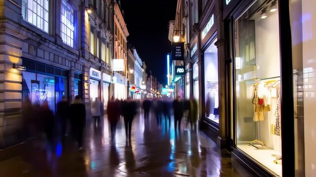 Nighttime city street scene with bustling pedestrian traffic and illuminated shop fronts