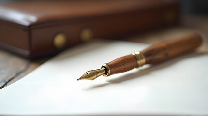 Fototapeta premium A fountain pen with a wooden handle resting on a white surface