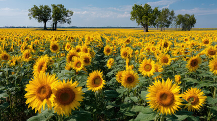 Fototapeta premium A stunning field of sunflowers basks in the warm summer sunlight, creating a vibrant scene.