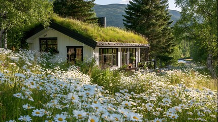 White Cottage with Green Roof nestled amongst Daisies