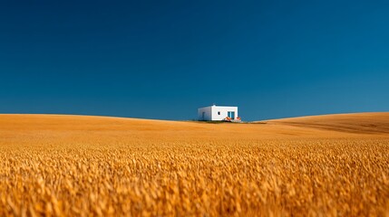 White House in Golden Wheat Field Under Clear Blue Sky