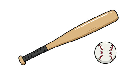 a wooden baseball bat resting near a white ball